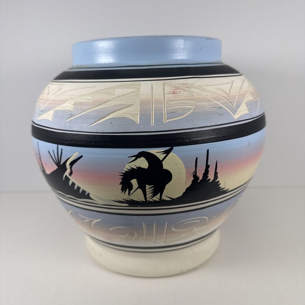 Vintage Clay Pottery Round Vase Signed Stash Navajo Pink Blue Sunset 8.5" Tall